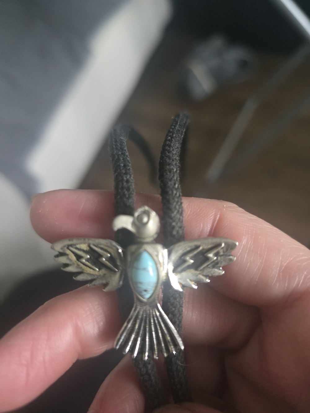 Vintage Thunderbird Faux Turquoise  Silver Tone Bolo Tie Lariat 80's